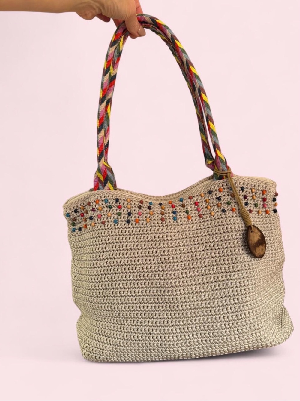 The Sak Large Hand-Crocheted Beaded Tote w/Coconut Shell Logo Charm
